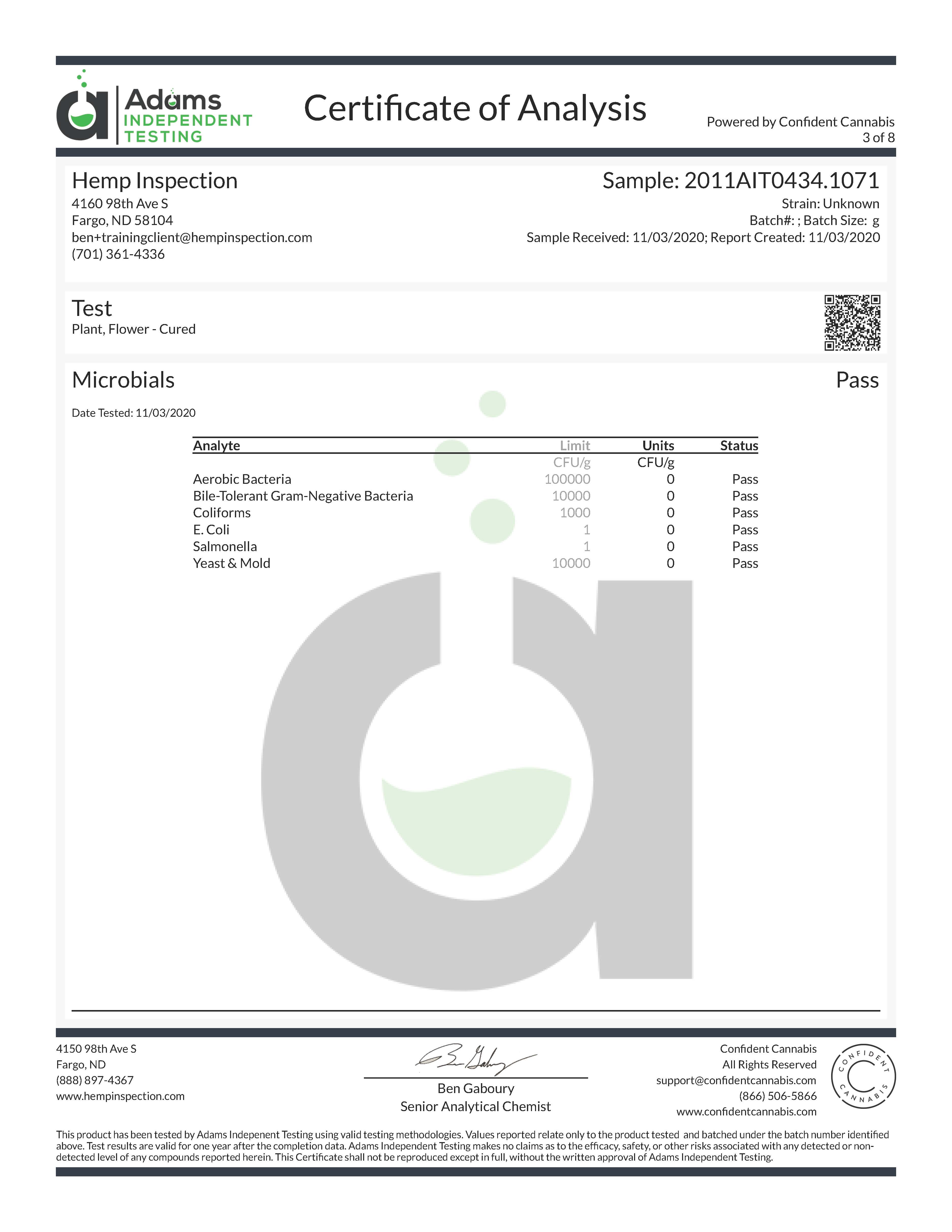 Example Hemp COA Microbials Example Hemp COA Microbials