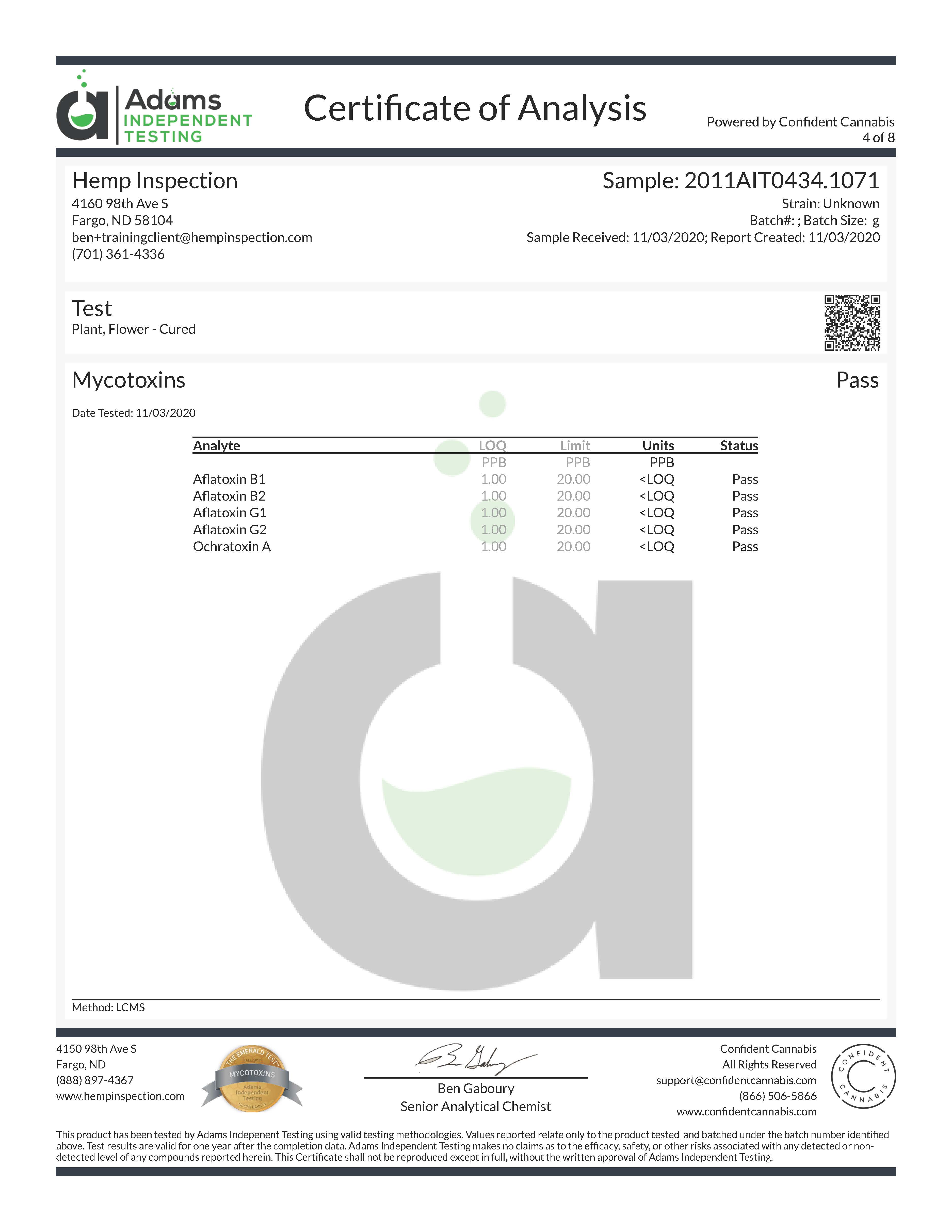 Example Hemp COA Mycotoxins Example Hemp COA Mycotoxins